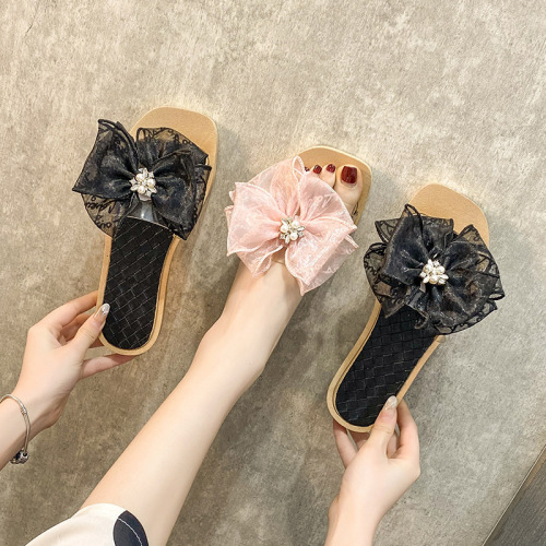 slippers women‘s summer fashion outerwear bowknot one-word drag net red ins flat all-match elegant sandals