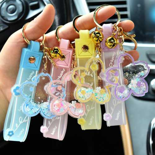 cartoon quicksand cherry blossom keychain acrylic transparent flower oil floating bottle bag pendant ornaments small gift