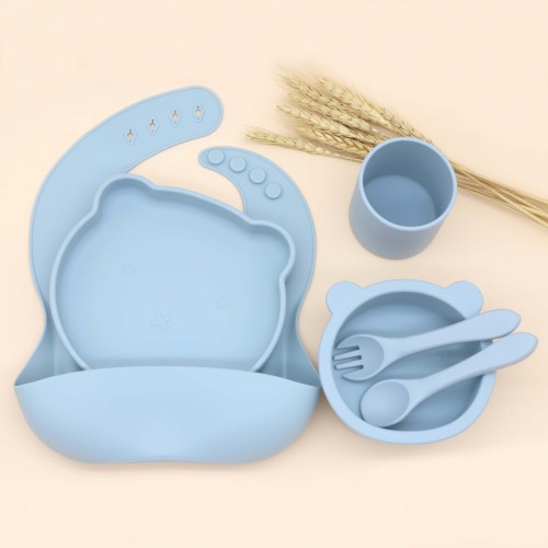 factory direct supply baby silicone bib bear plate bowl with suction cup silicone spoon fork drop-resistant cup feeding set