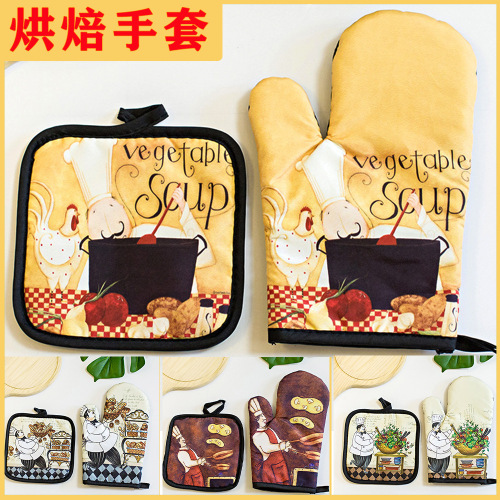 Factory Direct Sales Kitchen Thickened Polyester Printing Oven Gloves High Temperature Resistant Microwave Oven Gloves Heat Insulation Baking Gloves