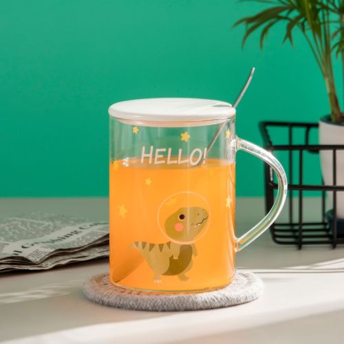 water Cup Heat-Resistant Glass Large Capacity with Lid Milk Breakfast Cup Office Dinosaur Cup