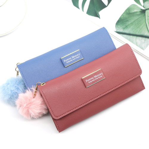 women‘s long wallet hardware bow solid color hair ball wallet coin purse clutch women‘s long bag card bag