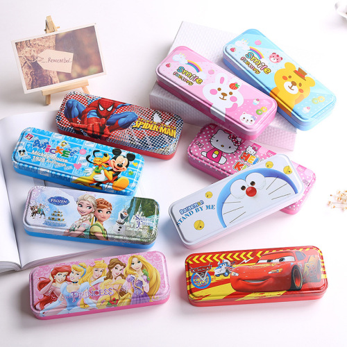 new primary school student cartoon stationery box double-layer iron pencil case primary school supplies