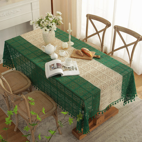 American Retro Beige Green Hand Stitching tablecloth Hollow Lace Crochet Fabric Pastoral Artistic round Table Cloth Cover Cloth