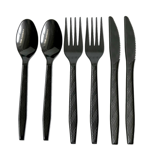 Disposable Knife， Fork and Spoon Plastic Black Western Food Dessert Salad Spoon Party Decoration Set