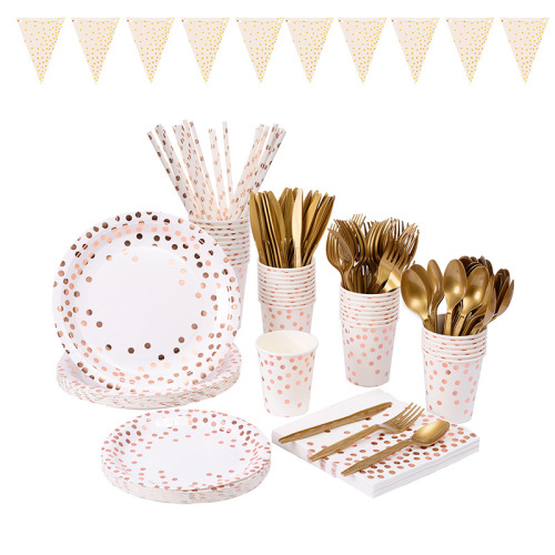Spot Cross-Border Ceramic Paper Pallet Paper Cup Tissue Knife， Fork and Spoon Straw Party Supplies Rose Gold Dot Tableware Set