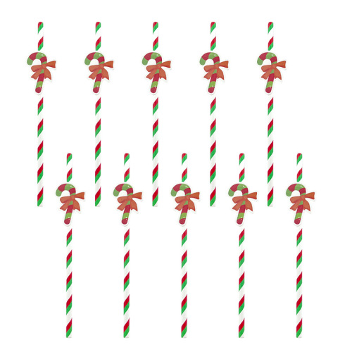 Cross-Border Spot Party Scene Matching Christmas Crutches Pattern Cartoon Shape Paper Drink Straw 10 Pieces