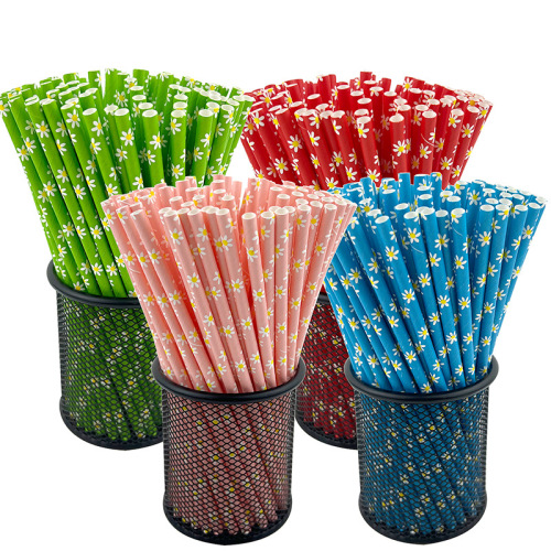 Cross-Border Spot Printing Flower Pattern Disposable Paper Straw Daisy Party Scene Decoration Drink Straw