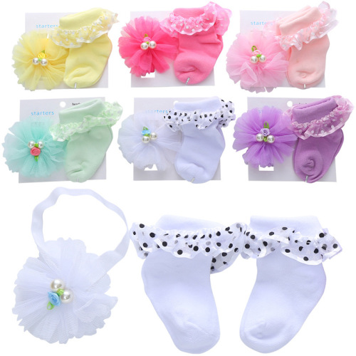 new european and american solid color dot baby socks cute princess lace baby socks hair band set