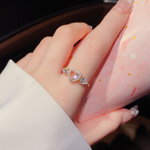 korean style pink crystal love open ring female niche design light luxury sweet fashion ring ins fashion jewelry