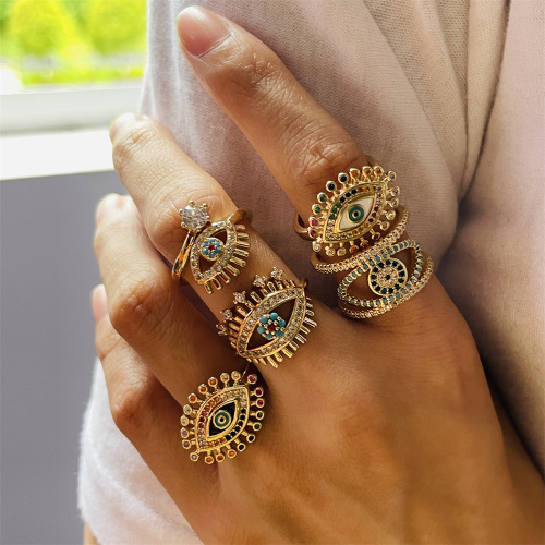 Europe and America Cross Border Colorful Zircon Micro Inlaid Copper Plating 18K Gold Eye Shape Ring Open Shape Female Ring