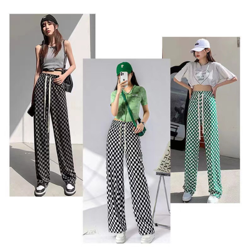 checkered ice silk wide-leg pants women‘s summer new air conditioning cool pants casual loose straight draping plaid pants