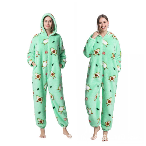 new cartoon animal one-piece pajamas avocado new hooded thickened comfortable cotton velvet men and women couple home wear