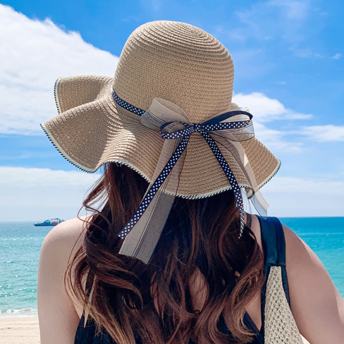 korean style straw hat female summer versatile big brim sun protection sun hat fashion polka dot bow ribbon sun hat beach hat