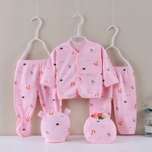 Foreign Trade Export Supply Newborn Baby Clothes Five-Piece Set Four Seasons Cotton Buckle set Baby Supplies Wholesale 