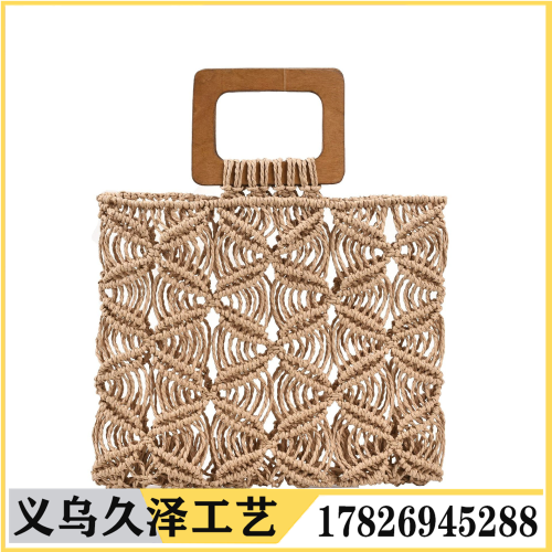 new wooden handle hand-held straw bag cotton thread bag hollow mesh bag woven bag women‘s bag beach bag