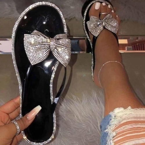 2021 summer new wish cross-border flip flops women‘s colored diamond bow flat slippers women slides