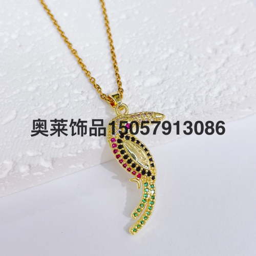 european and american cross-border fashion jewelry accessories woodpecker necklace pendant color zircon gold-plated clavicle chain