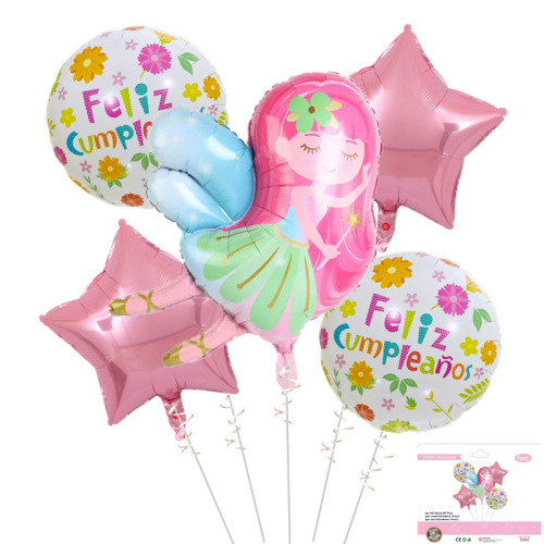 Pink Spanish Happy Birthday Balloon Set Girl Birthday Party Decoration Cartoon Fairy Shape Aluminum Film Ball