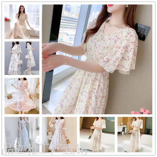 Chiffon Dress 2023 Summer New Women‘s Clothing Korean Fashion Floral Elegant Women‘s Foreign Trade Stall Supply Wholesale
