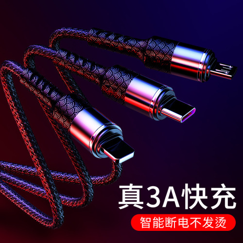 Ykuo Woven Three-in-One Data Cable 3A Fast Charge for Android iPhone Charging Xiaomi Huawei Type-c
