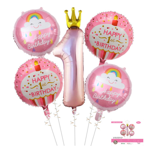 5-Piece Pink Blue Baby Birthday Balloon Set Digital Crown 1-Year-Old Aluminum Balloon Birthday Party Decoration