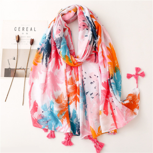 foreign trade fashion summer colorful splash-ink painting plant leaf flower long scarf cotton and linen feel scarf ladies