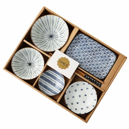 japanese blue painted ceramic bowl dish set underglaze rice bowl soup bowl small dish chopsticks gift box set