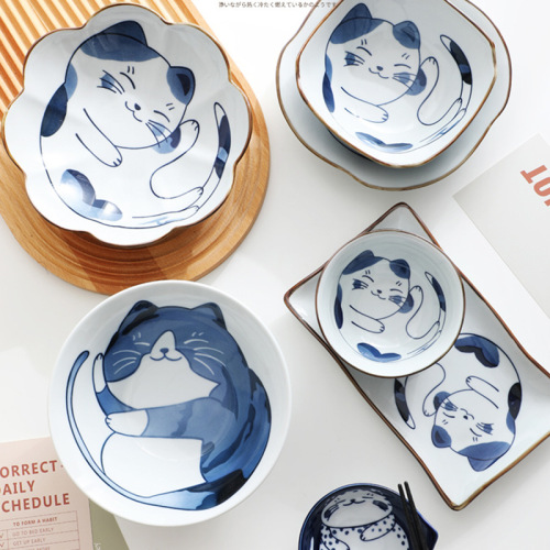 japanese tableware set cat series hand-painted tableware ceramic tableware bowl plate ceramic set household gift