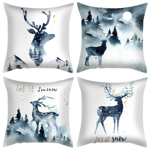 2022 New Christmas Blue Elk Pillow Cover Popular Nordic Exclusive for Cross-Border Living Room Bedroom Cushion