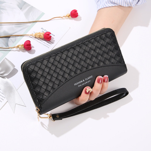 Spot Long Pu Wallet Woven Pattern Contrast Color Student Lady Clutch Wallet Multiple Card Slots Fashion All-Match Phone Bag