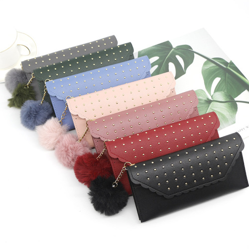 New Fashion Long Ladies Wallet Rivet Fur Ball Solid Color Coin Purse Wallet Clutch Change Certificate Card Holder