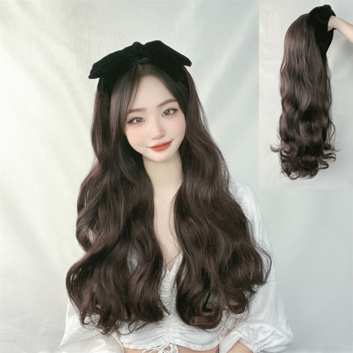 Wig Female Long Hair Lazy Headband Wig Cross-Border E-Commerce Wigs Net Red Black Long Curly Hair UV-Type Half-Head Cover Wholesale