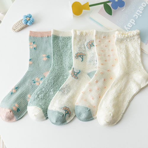 Mid-Calf Socks Women‘s Spring and Summer Thin Hollow Cotton Socks Breathable Women‘s Long Socks Fresh Socks for Delivery