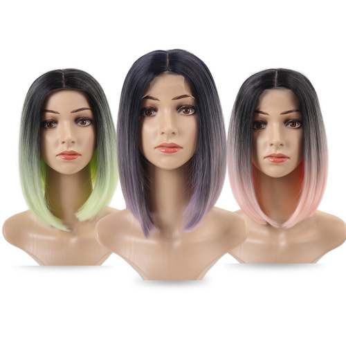 wig head cover cross-border wave front lace wig female european and american gradient color medium short straight hair chemical fiber head cover