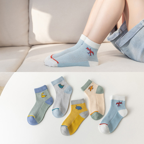 Summer boy‘s Socks Thin Mesh Socks Cartoon Dinosaur Breathable Children‘s Socks Medium and Big Children‘s Cotton Socks Wholesale