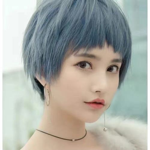 Wig Female Haze Blue Short Hair Dog Gnawing Bangs Unisex Style Natural Girl Full Head