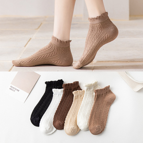 Women‘s Spring Summer Short Bubble-Edged Ankle Socks Breathable Color Low-Top Loose-Cut Cotton Socks Factory Delivery