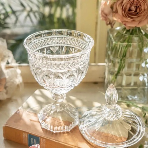 french retro light luxury relief glass goblet candy jar with lid storage tank home decoration model room b & b decoration