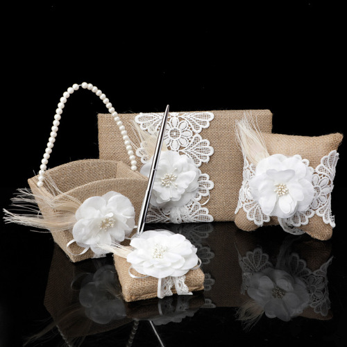western wedding supplies ring pillow wedding flower girl flower basket artificial flower four-piece feather pen set