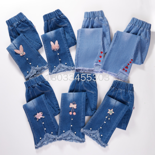 stall hot selling tail goods spring and autumn girls‘ denim trousers children‘s loose jeans fleece pants children‘s long-sleeved sweater
