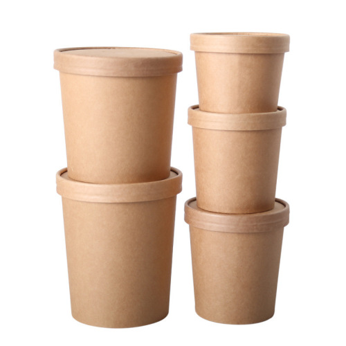 Round with Lid Anti-Leakage Dessert Porridge Box Disposable Kraft Paper Soup Bucket Takeaway Thickened Packaging Paper Bowl Cup
