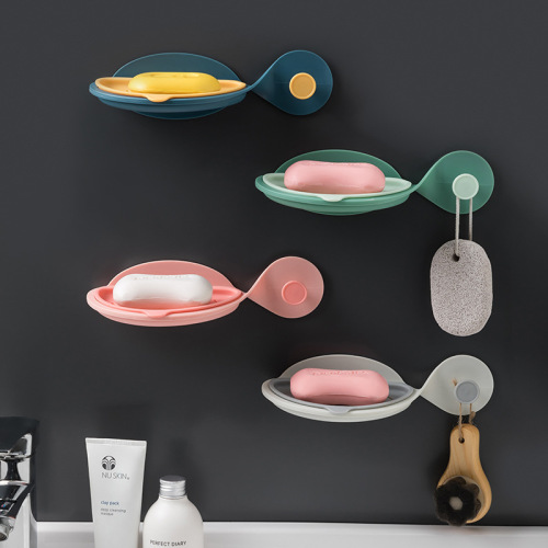Fish-Shaped Punch-Free Wall Sticky Hook Bathroom Soap Box Kitchen Double-Layer Hook Adhesive Storage Rack with Drain Soap Box