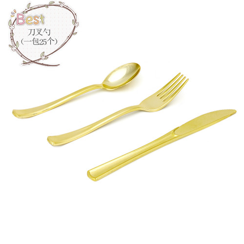 disposable pure gold plastic chinese and western tableware knife， fork and spoon set combination pizza fruit steak takeaway packaging