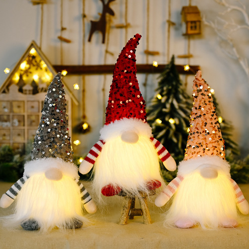 Cross-Border New Christmas Decoration Christmas Sequins with Lights Rudolf Doll Christmas Luminous Faceless Doll Ornaments
