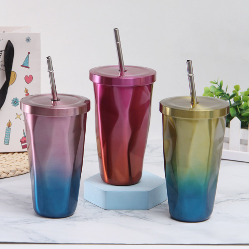 double-layer stainless steel diamond cup with straw vacuum foreign coffee cup insulation cup gradient color car water cup customization