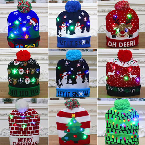 Christmas Decoration Supplies Adult Children Knitted Christmas Hat Colorful Luminous Knitted Hat High-End Old Christmas Hat 