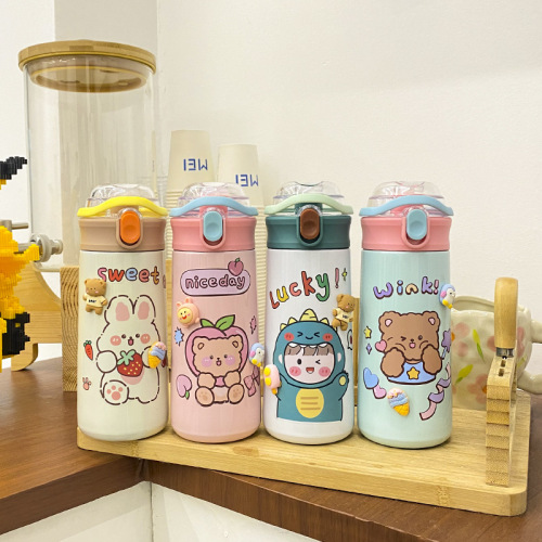 New Good-looking Portable Net Red Vacuum Cup Cartoon Pattern Can Be Directly Drinking Straw Bullet Cup Boys and Girls pea Cup