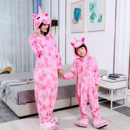 Flannel Toilet Version Cute Cartoon Anime Unicorn Tianma One-Piece Pajamas Parent-Child Couple Children‘s Loungewear