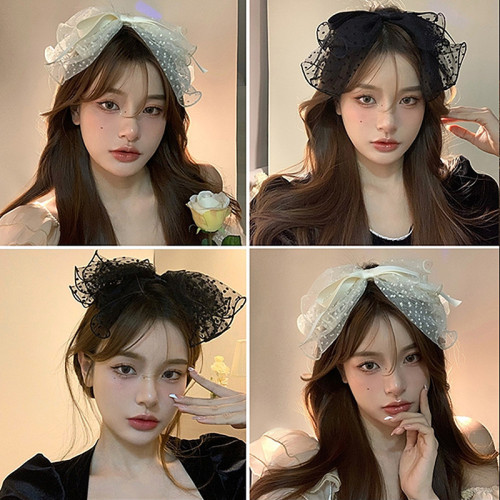 Korean Mesh Pearl Bow Hairpin Female Net Red Chanel Style Polka Dot Top Clip French Socialite Hepburn Style Hair Accessories
